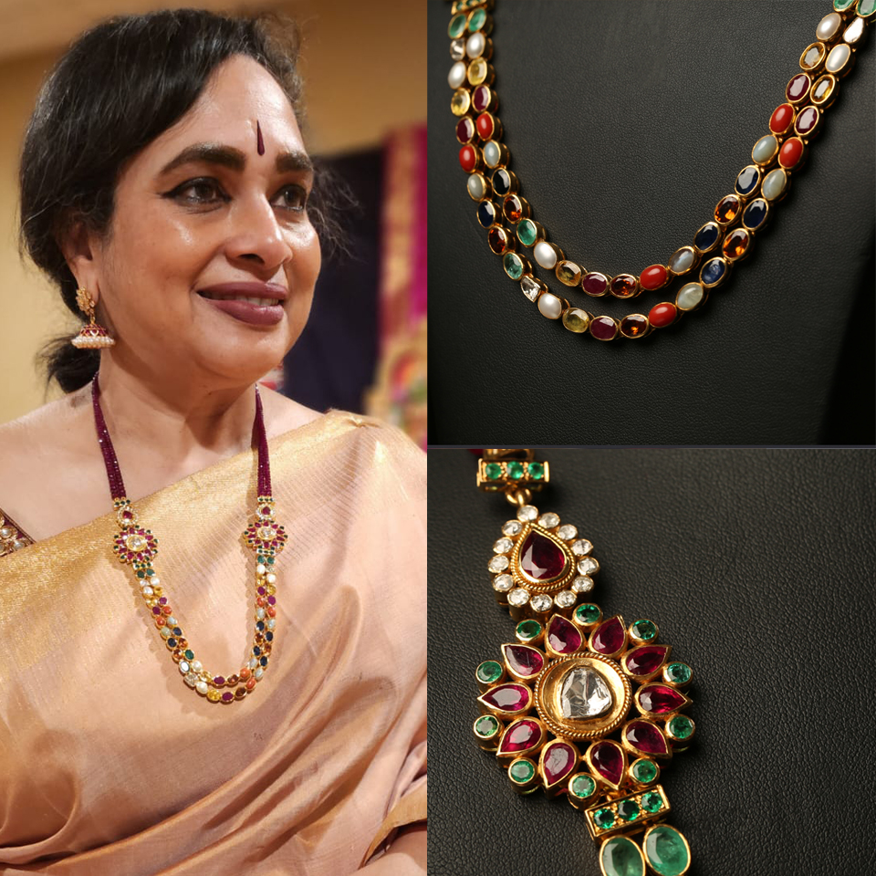 “I got introduced to Kamna Designs and got to buy their Navarathna necklace – double strands of handpicked precious stones set in gold with ruby beads strands and floral mugappu … stunning heirloom piece and I love it  Kamna designs has a wide selection of jewelry pieces  be diamond ruby snd emerald and not yo mention Jadau – I took a great liking for all their one of a kind heirloom designs be it necklaces or their rakodi pendants and bangles – designs deeply rooted in tradition with no compromise on quality of gold or precious stones and at the same time – contemporary -very versatile pieces that can be worn with traditional attire is western !  Priya the designer is very meticulous in her designs and does not compromise on workmanship or quality – and it shows in the navarathna !.”<br><br>Uma Maheshwaran<h6 class="sc_section_subtitle sc_item_subtitle"></h6>