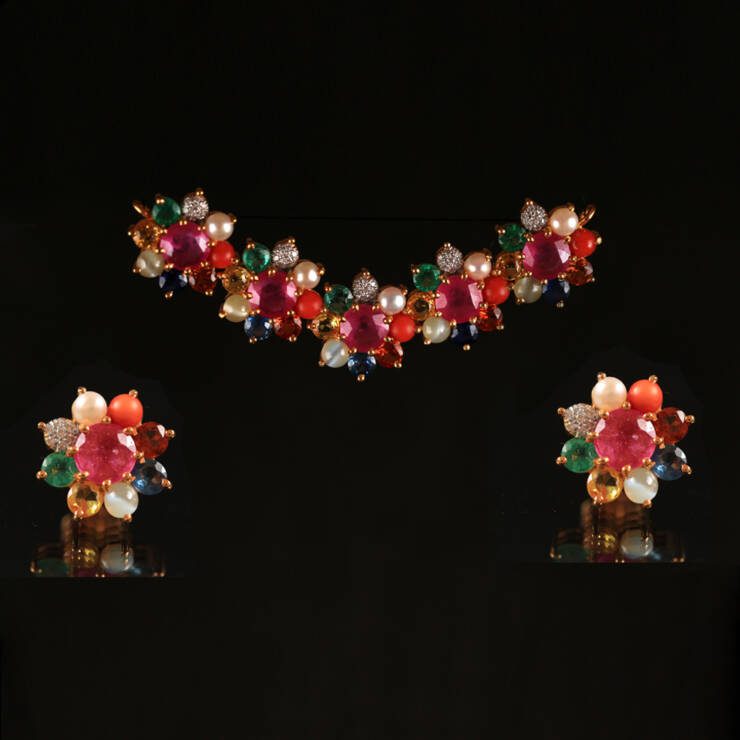 KMN 160 - Navaratna Floret & Earrings