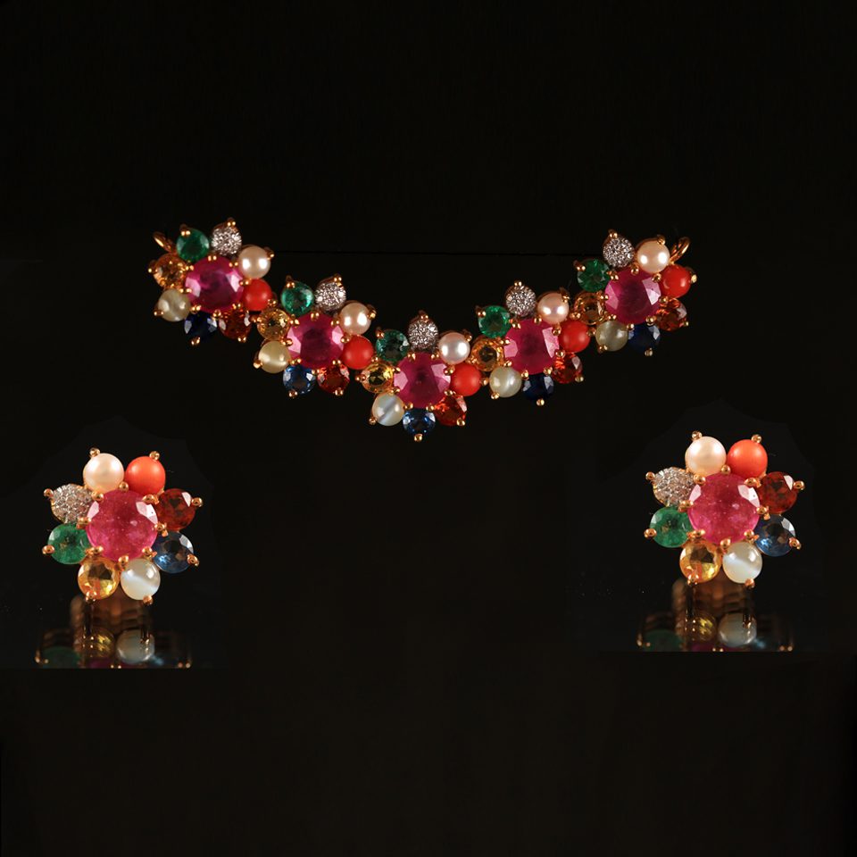 KMN 160 - Navaratna Floret & Earrings