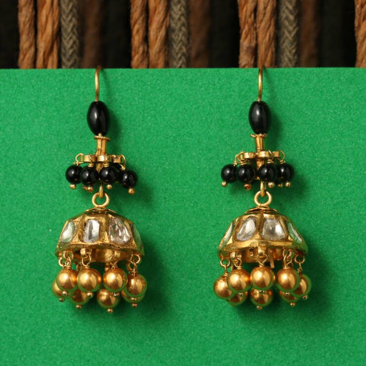 KMN 177 - Uncut Diamond Jhumka with Black Beads