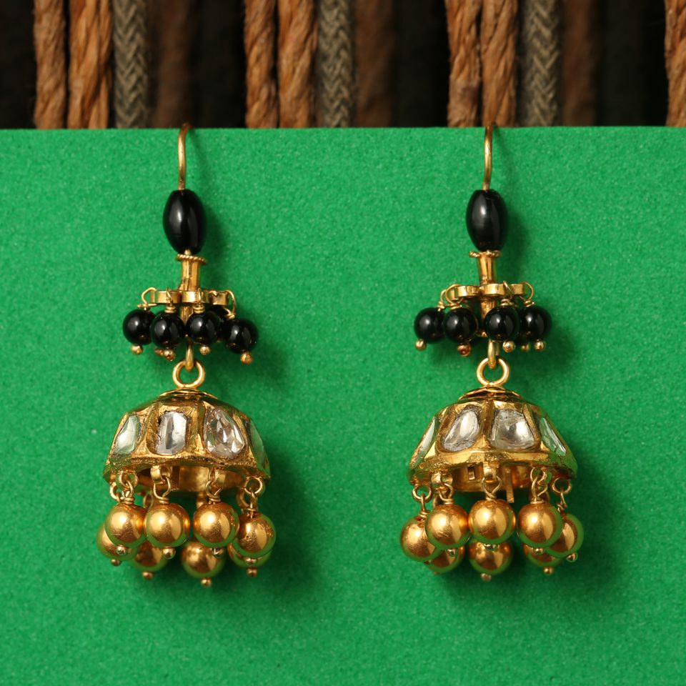 KMN 177 - Uncut Diamond Jhumka with Black Beads